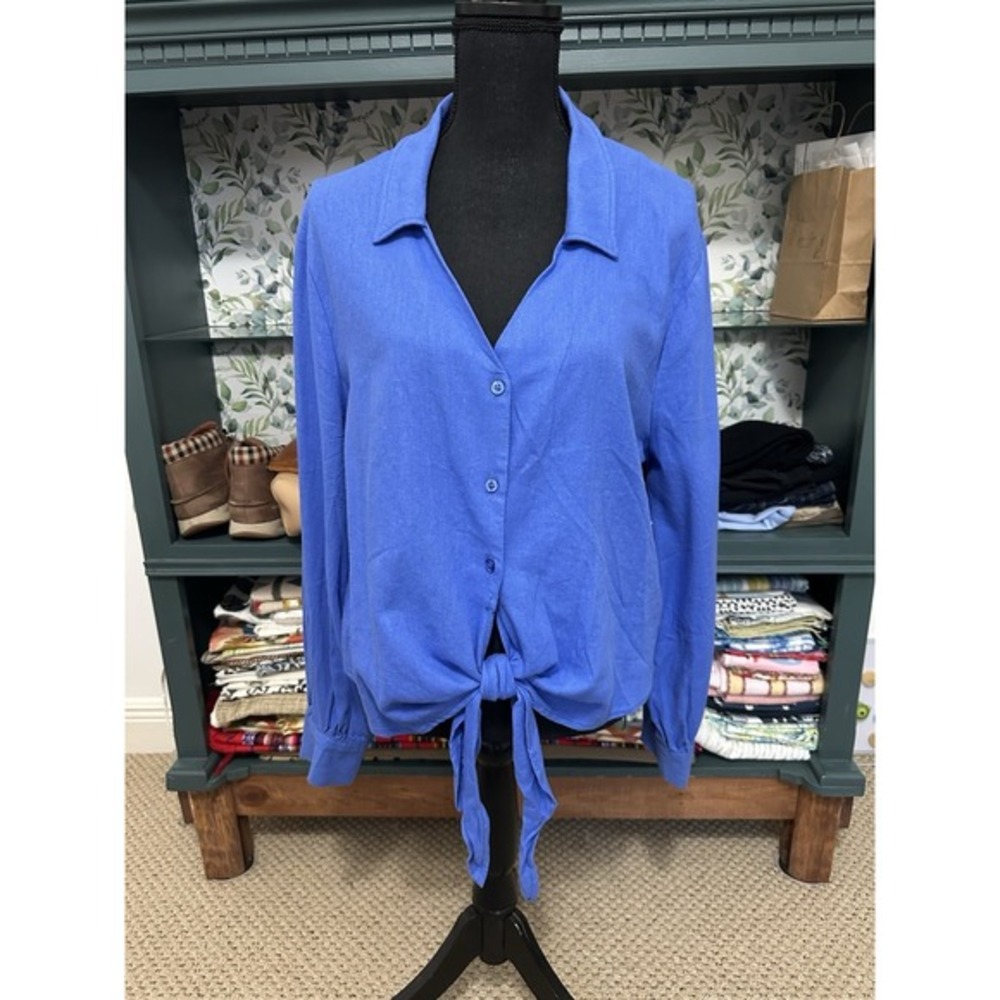 Ellen Tracy Women's button down tie front blouse Solid Blue Long Sleeve Sz L NWT
